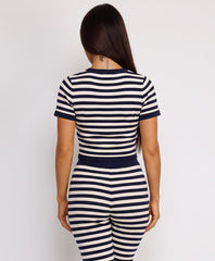 Navy Striped Knit Cropped T-Shirt Flare Trousers
