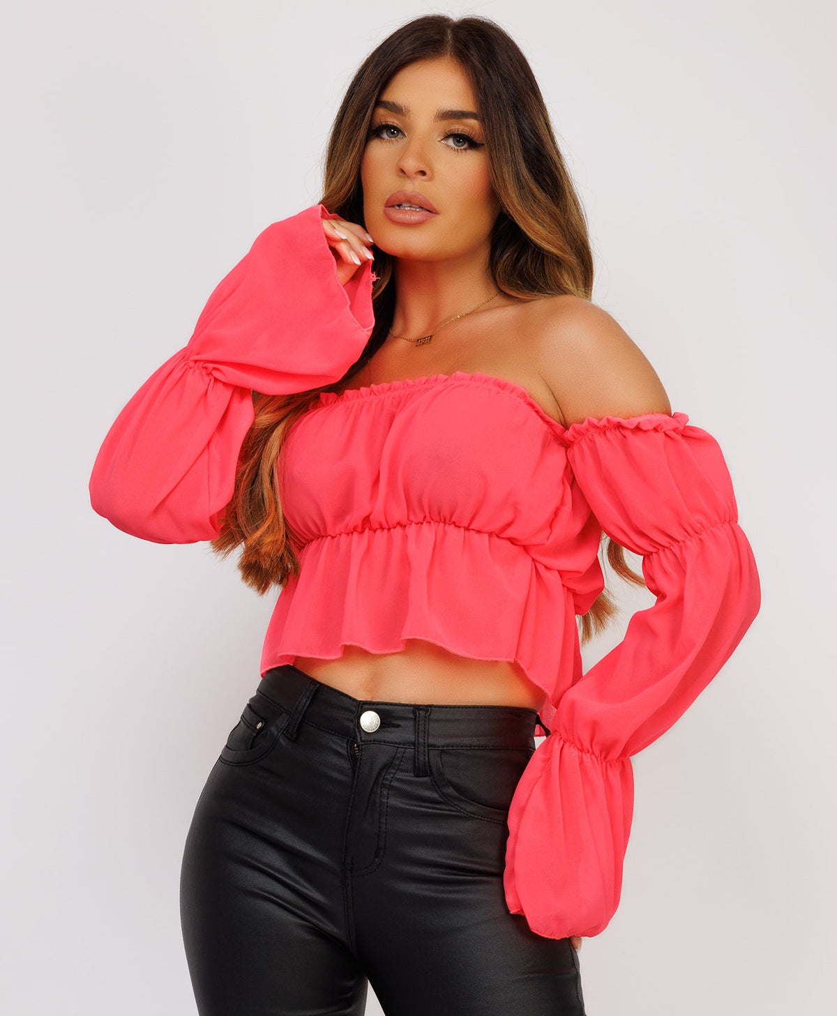 Neon Pink Bardot Ruffle Frill Ruched Crop Top www.lexifashion