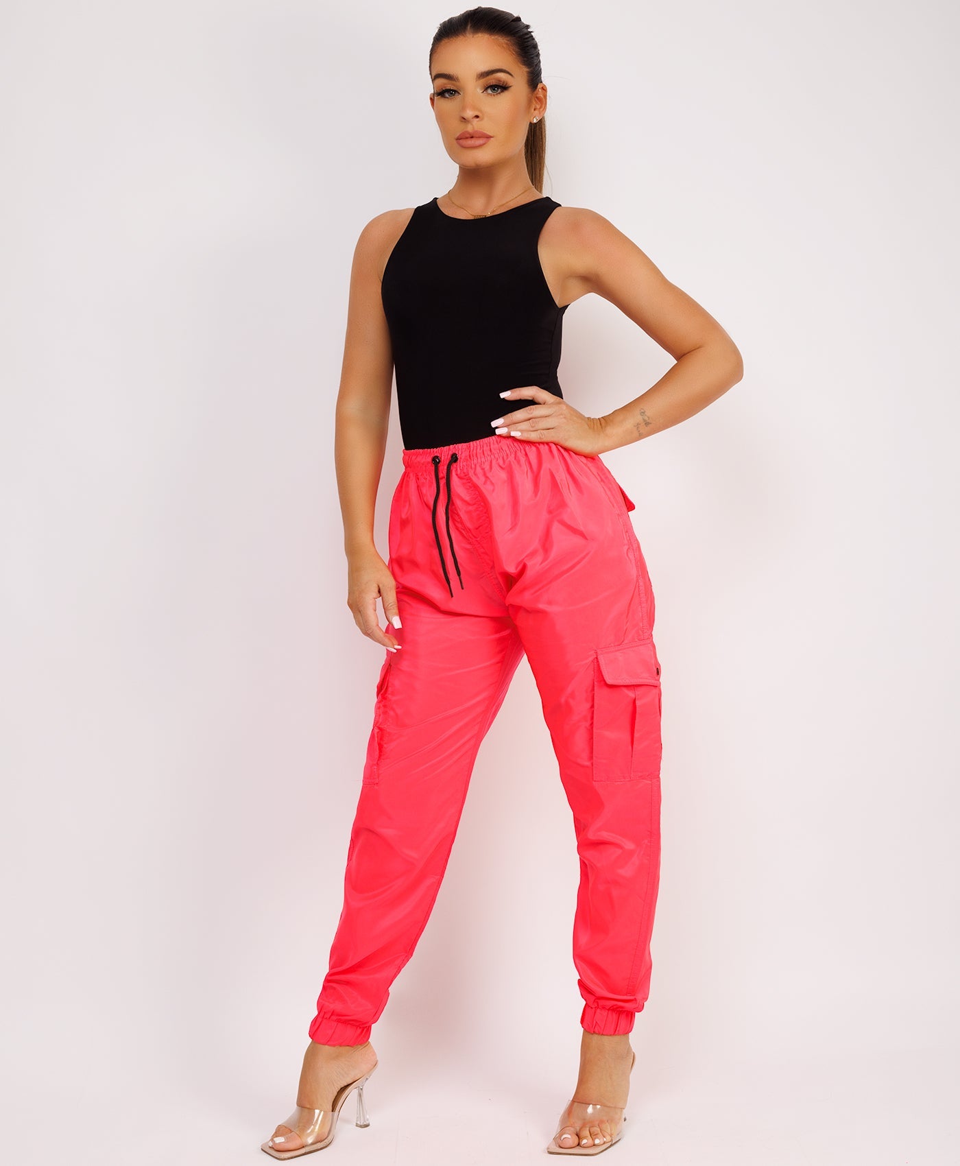 Neon Pink Shell Cuffed Pocketed Cargo Trousers –