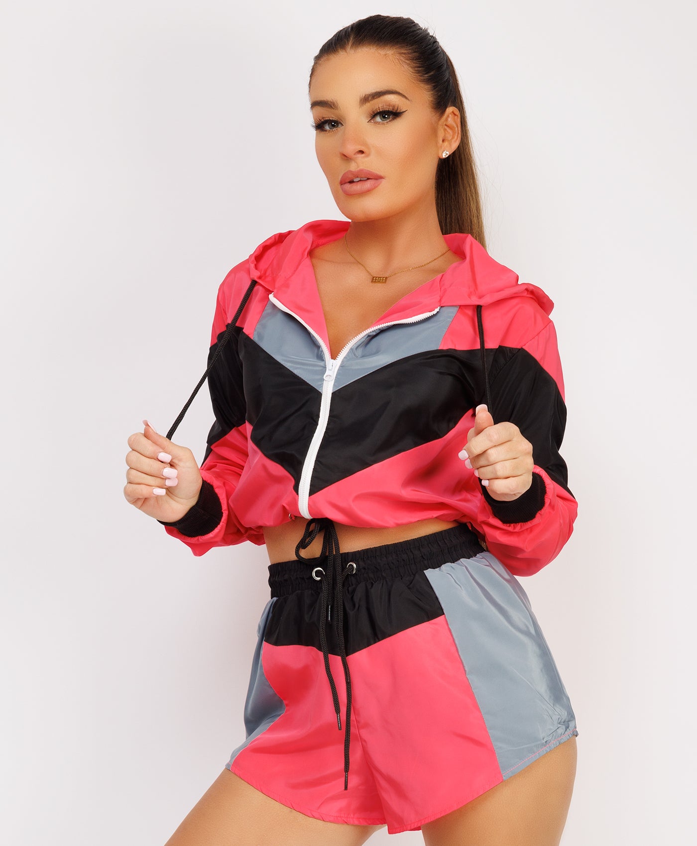 Neon Pink Colour Block Jacket & Shorts Festival Co Ord