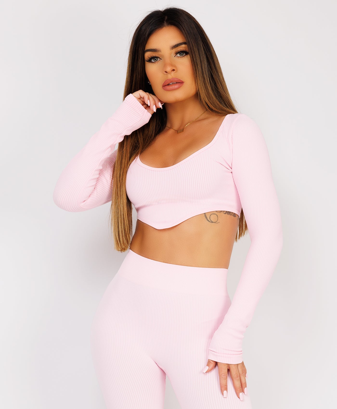 Pink-Ribbed-Asymmetric-Hem-Loungewear-Set7