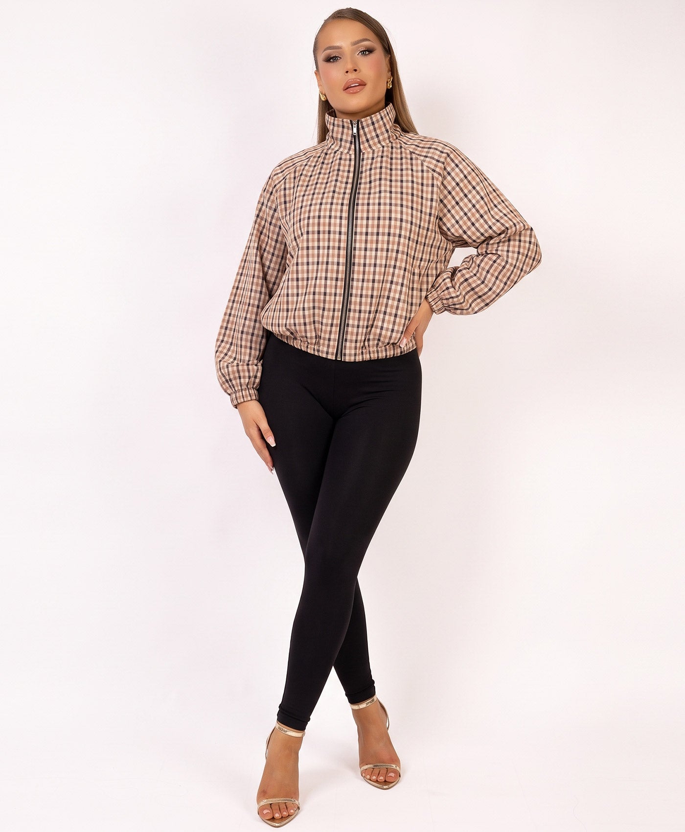 Plaid Check Zip-Up Cropped Bomber Jacket