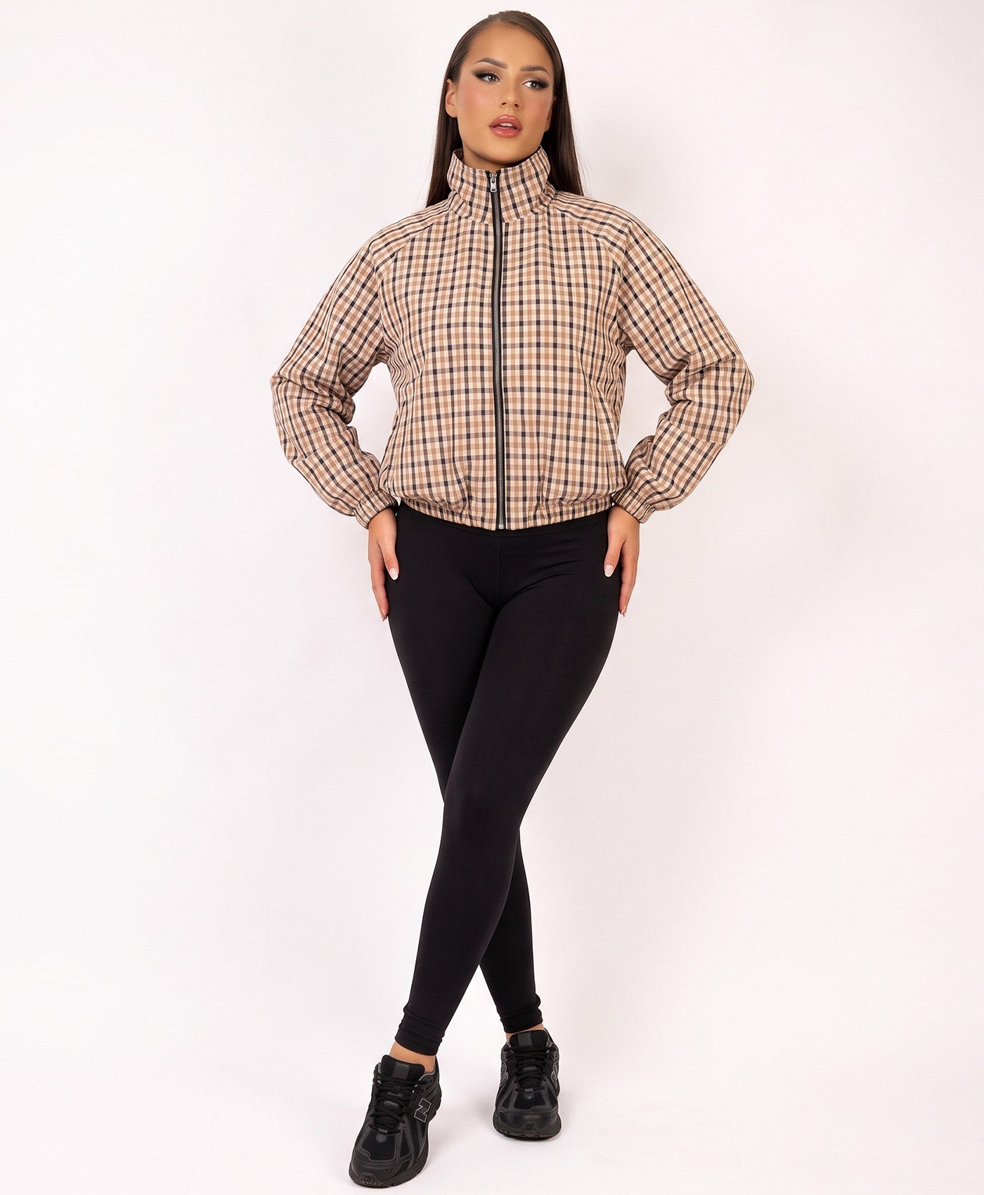 Plaid Check Zip-Up Cropped Bomber Jacket