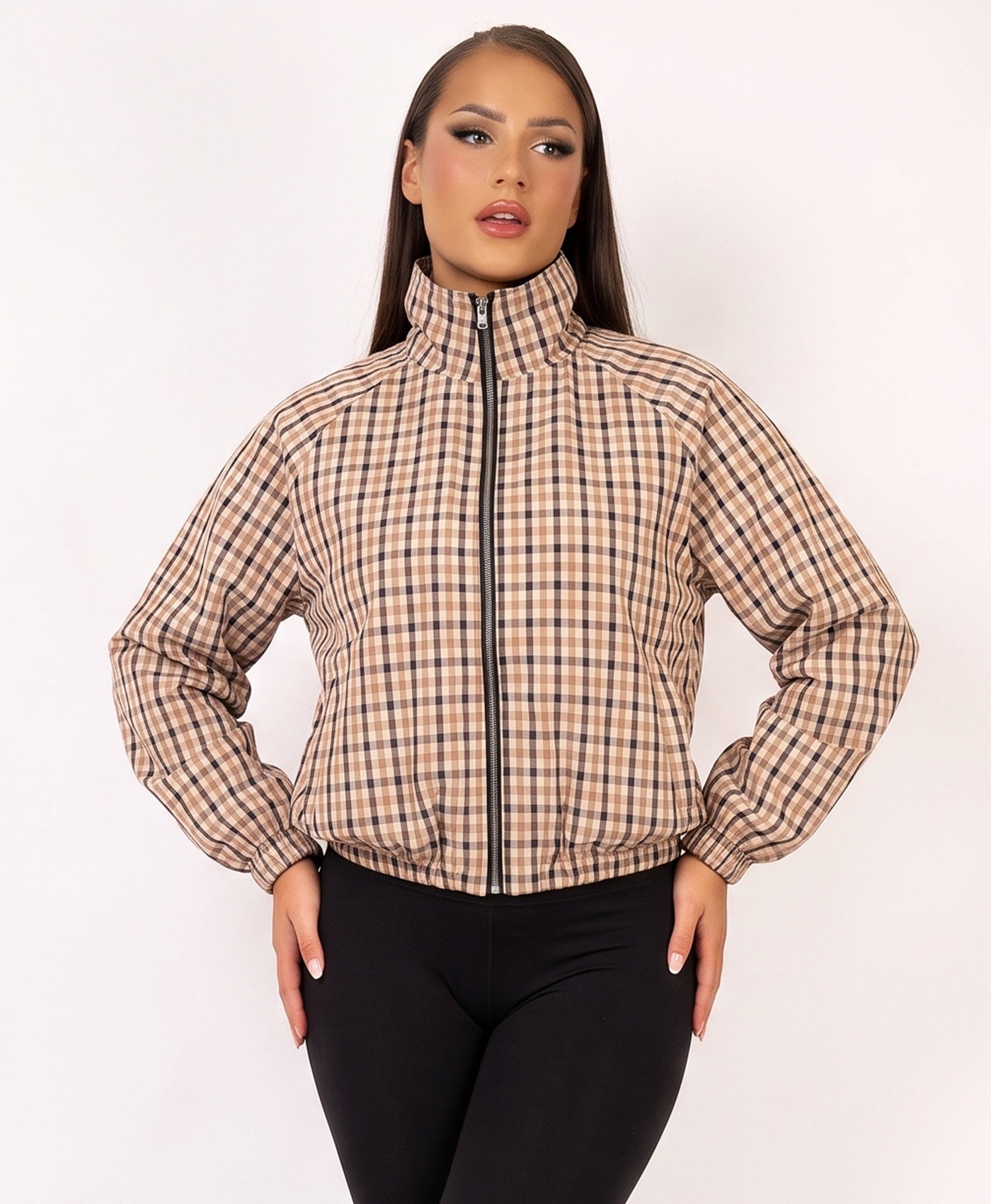 Plaid Check Zip-Up Cropped Bomber Jacket