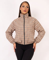 Plaid Check Zip-Up Cropped Bomber Jacket