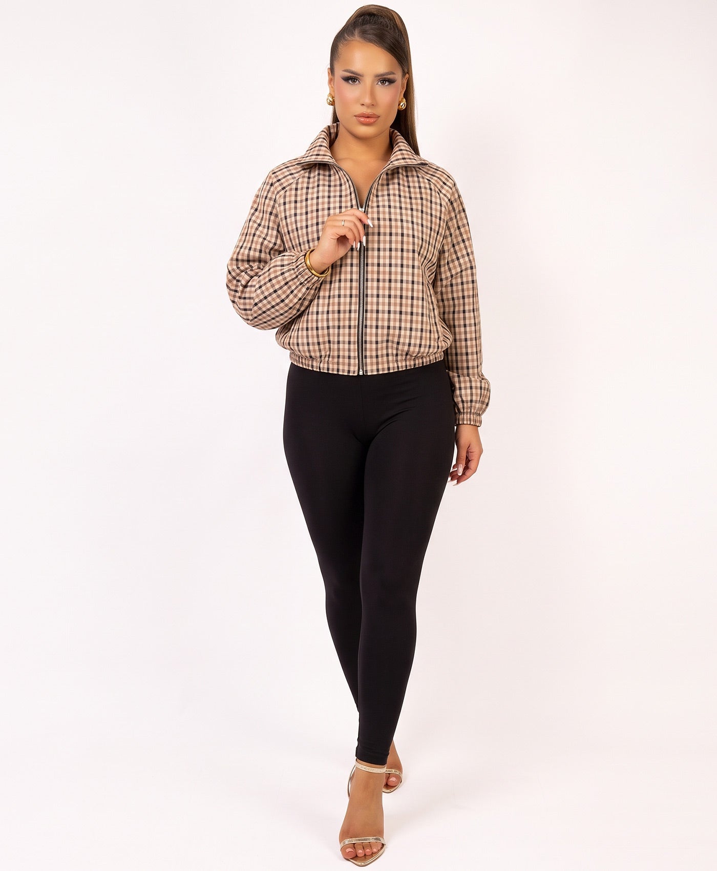 Plaid Check Zip-Up Cropped Bomber Jacket