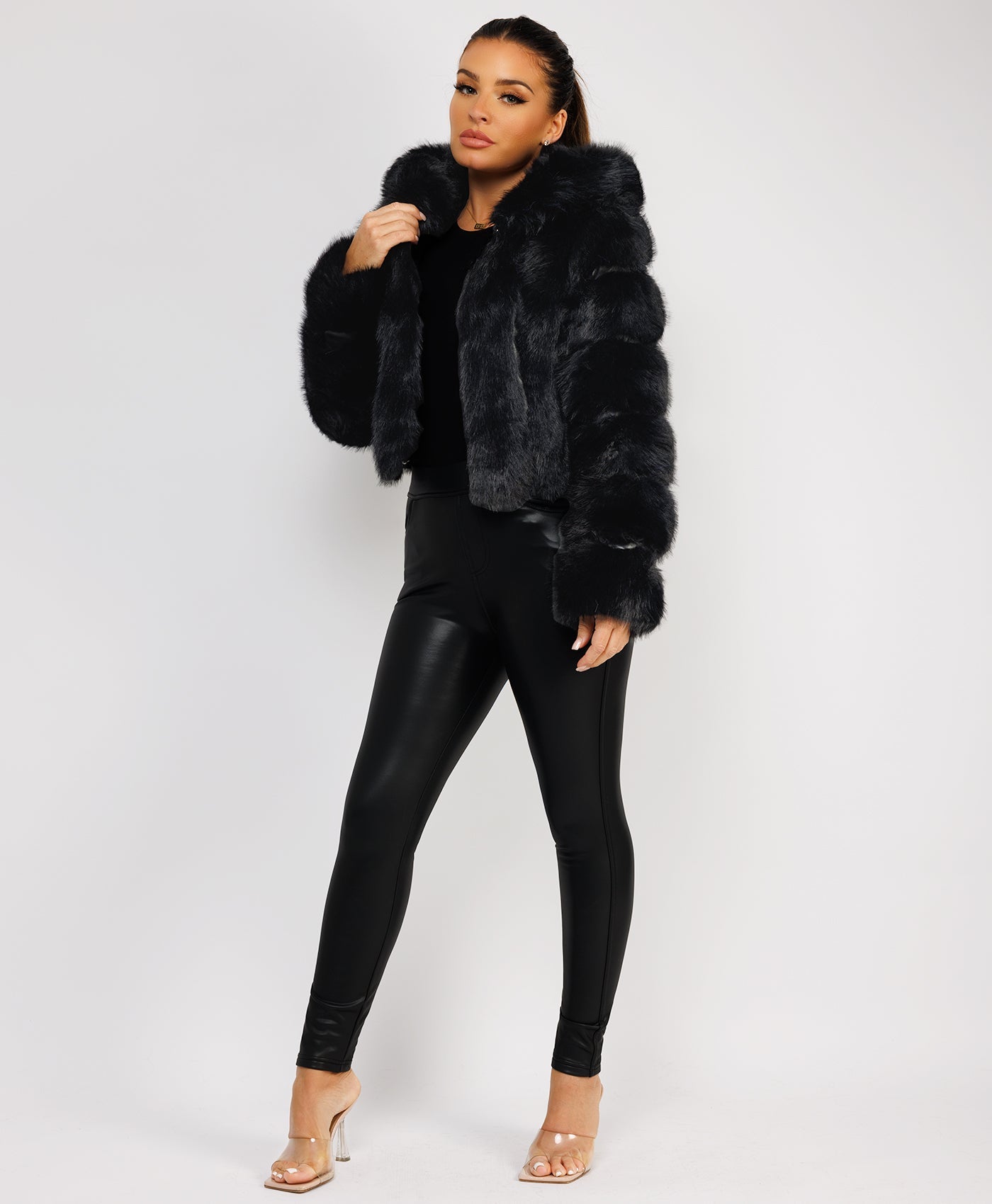 Premium-Hooded-Cropped-Faux-Fur-Coat-Black-4