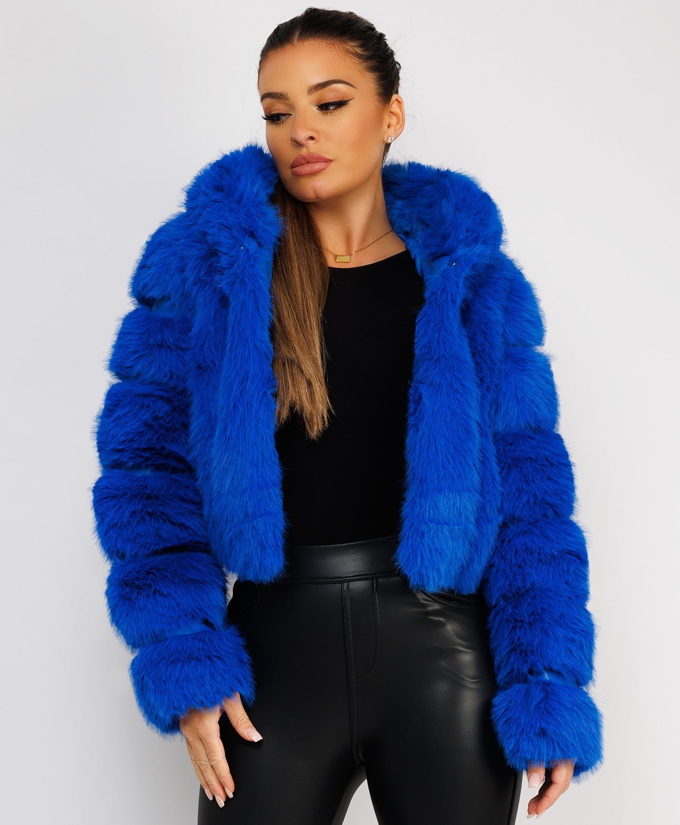 Premium-Hooded-Cropped-Faux-Fur-Coat-Blue-3