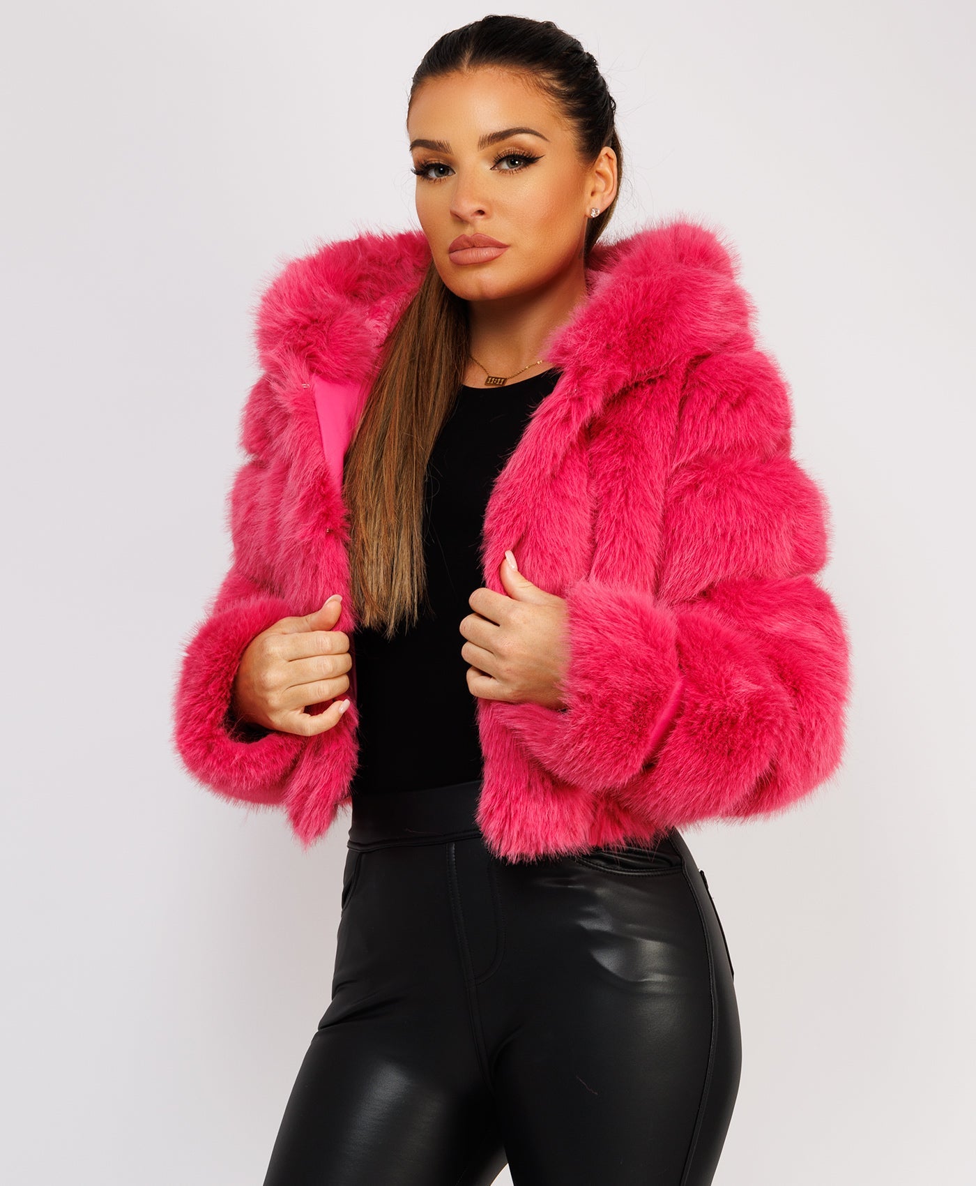Premium-Hooded-Cropped-Faux-Fur-Coat-Pink-3