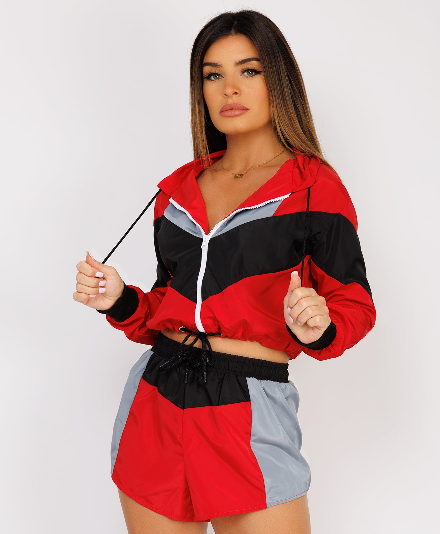 Red Grey Block Jacket & Shorts Festival Co Ord