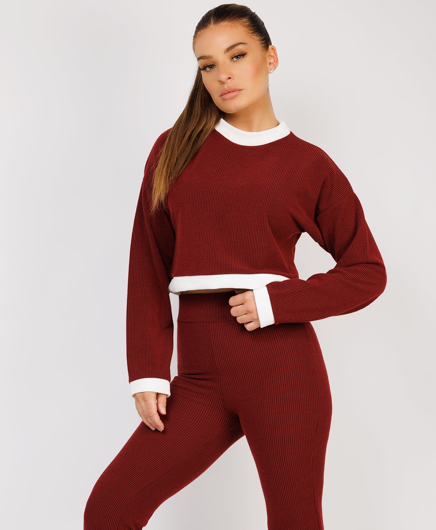 Ribbed-Contrast-Stripe-Jumper-Flare-Split-Trousers-Red