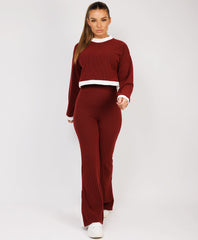 Ribbed-Contrast-Stripe-Jumper-Flare-Split-Trousers-Red