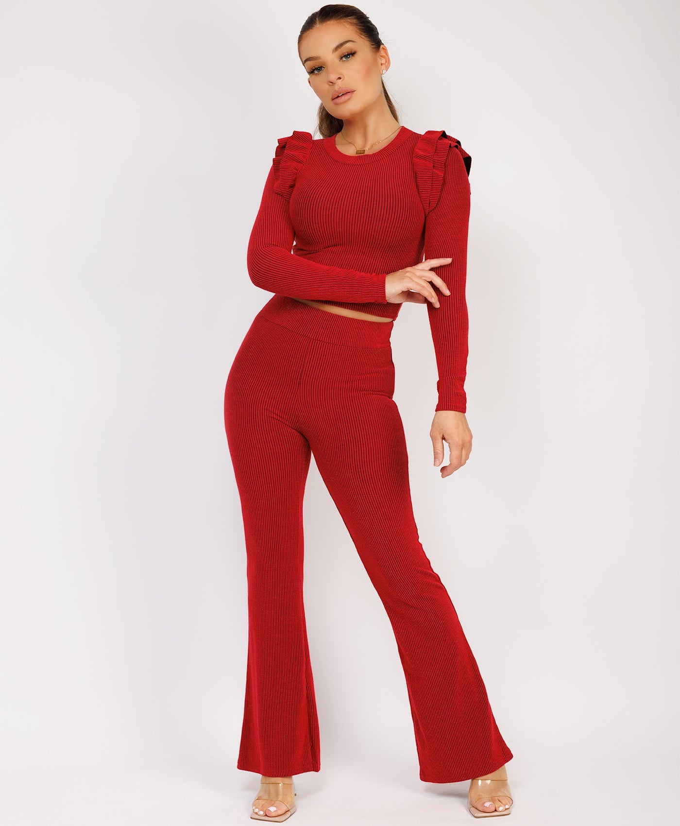 Ribbed-Frilled-Long-Sleeve-Skinny-Flare-Set-Red