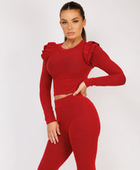 Ribbed-Frilled-Long-Sleeve-Skinny-Flare-Set-Red