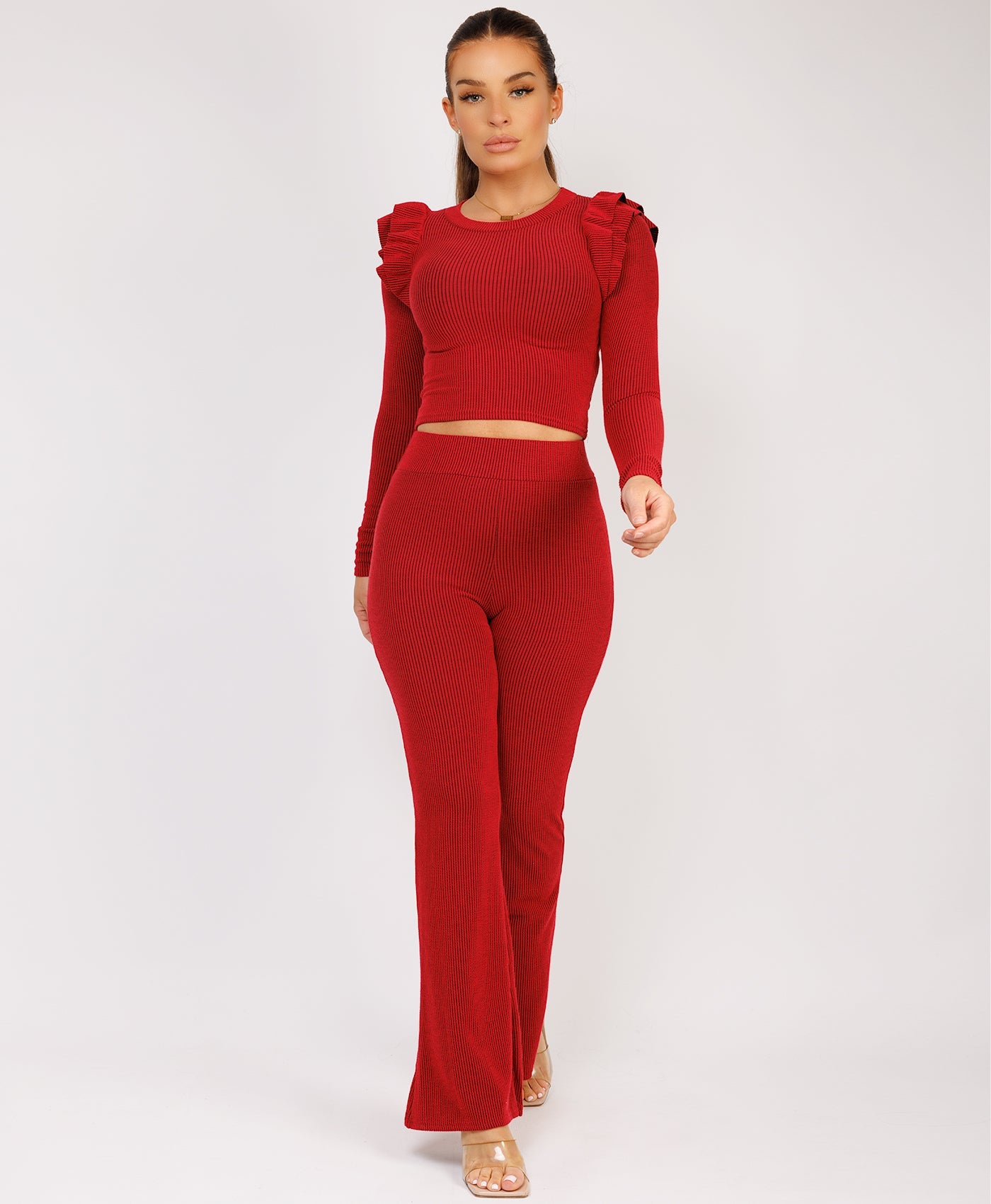 Ribbed-Frilled-Long-Sleeve-Skinny-Flare-Set-Red