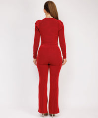 Ribbed-Frilled-Long-Sleeve-Skinny-Flare-Set-Red