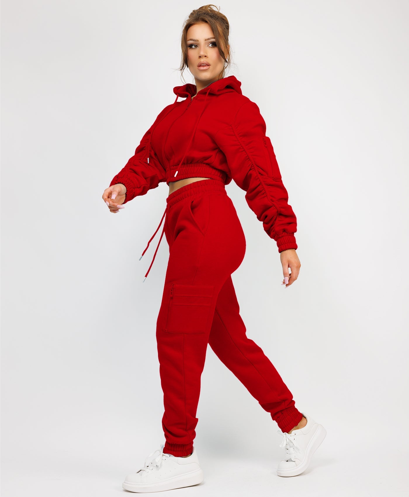 Red Ruched Sleeve Zipped Hoodie and Joggers Tracksuit – www