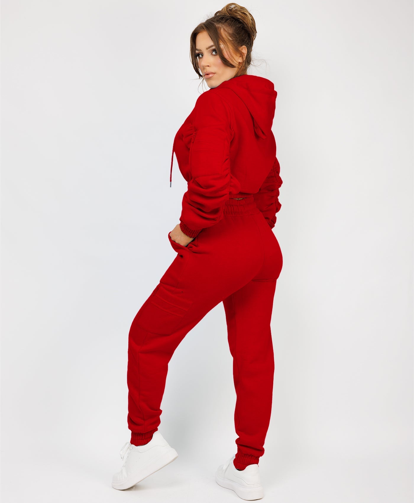 Red Ruched Sleeve Zipped Hoodie and Joggers Tracksuit Red 8 10