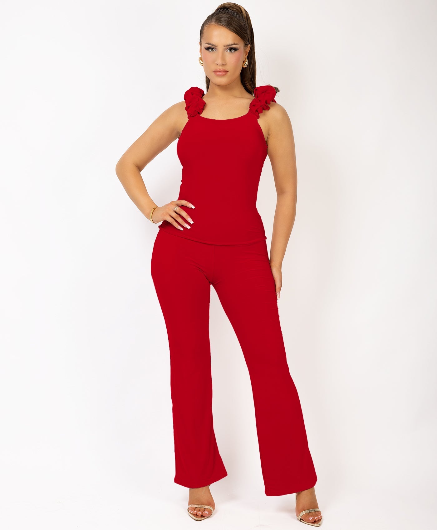 Satin-Puff-Sleeve-Ribbed-Set-Red-3