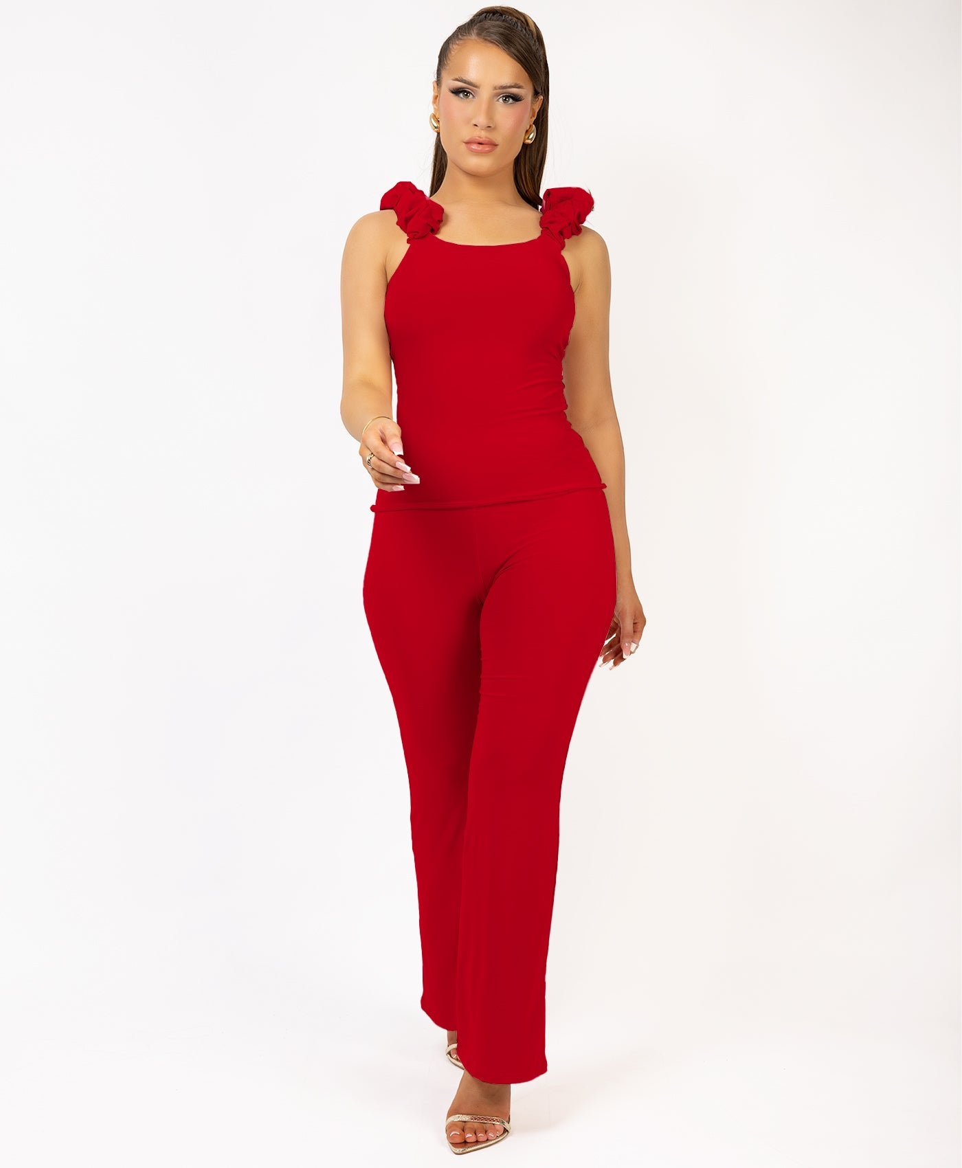 Satin-Puff-Sleeve-Ribbed-Set-Red-2