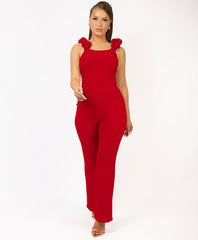 Satin-Puff-Sleeve-Ribbed-Set-Red-2