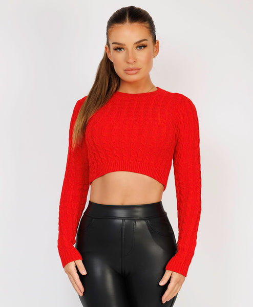 Red Long Sleeve Cropped Cable Knit Sweater –