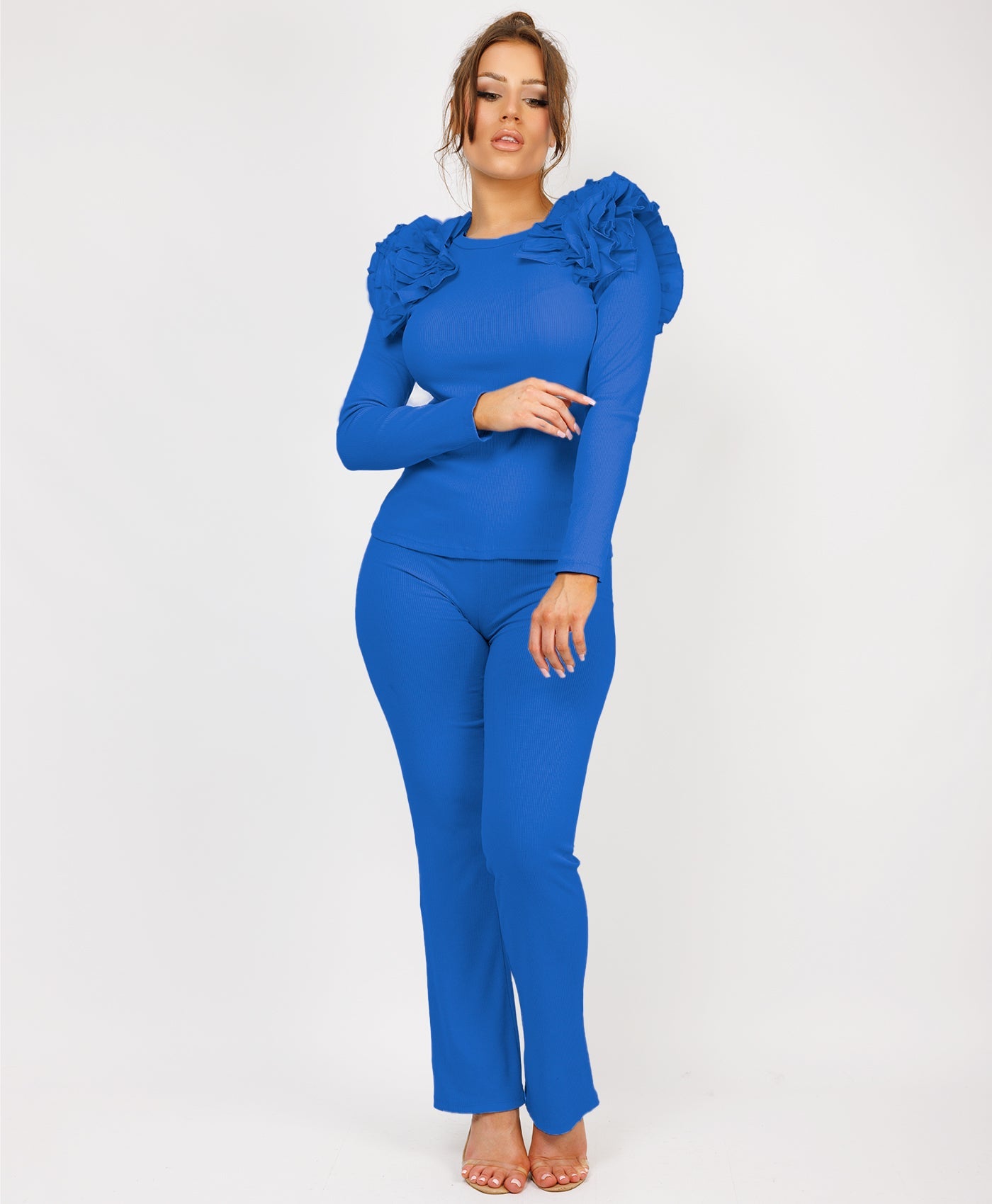 Ruffle-Shoulder-Sleeve-Ribbed-Set-Royal-Blue-1