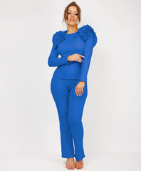 Ruffle-Shoulder-Sleeve-Ribbed-Set-Royal-Blue-1