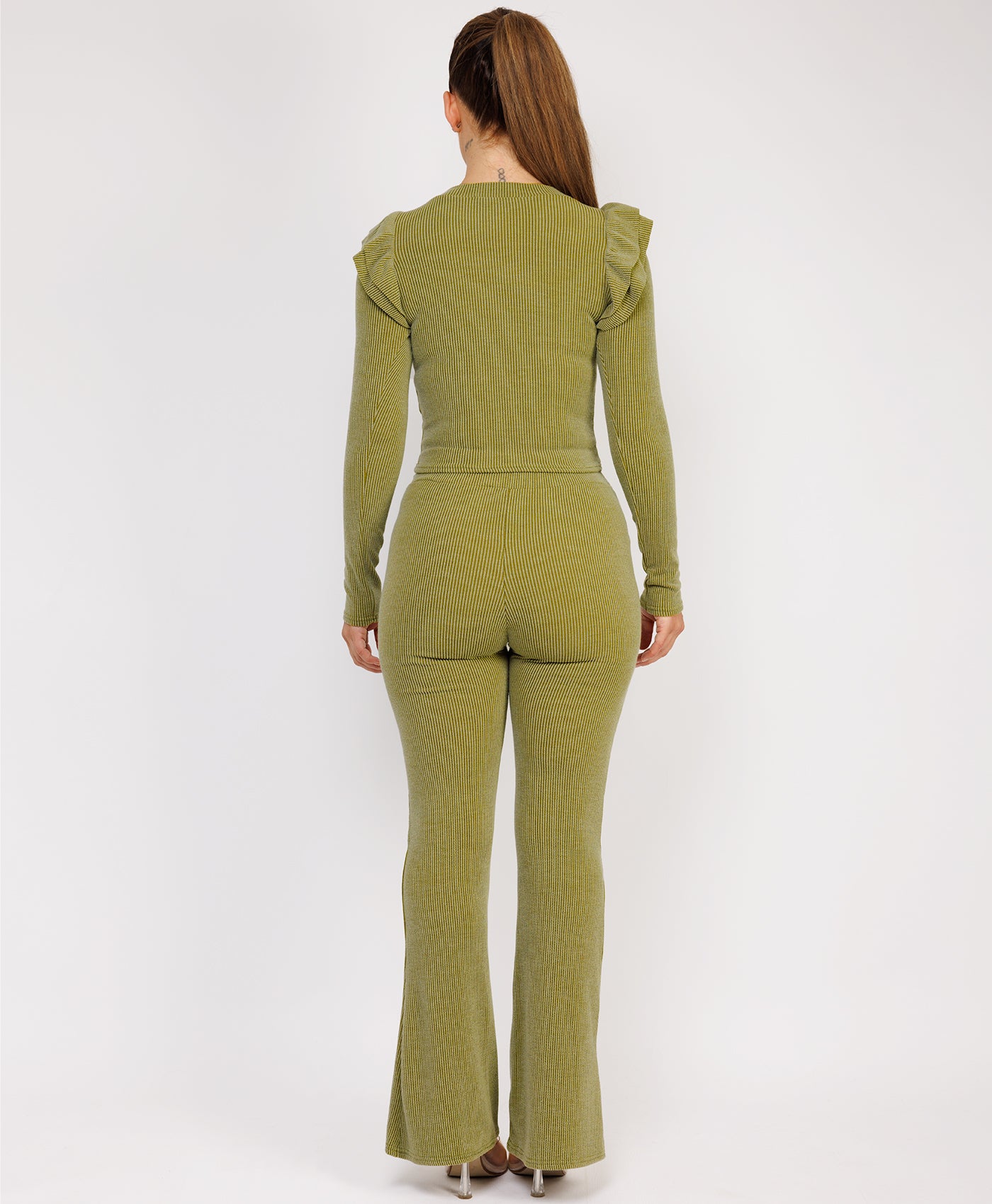 Sage Ribbed Frill Shoulder Long Sleeve Top & Flared Trouser Set