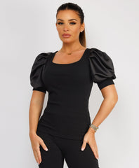 Satin-Puff-Sleeve-Ribbed-Set-BLack-4