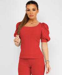 Satin-Puff-Sleeve-Ribbed-Set-Red-2