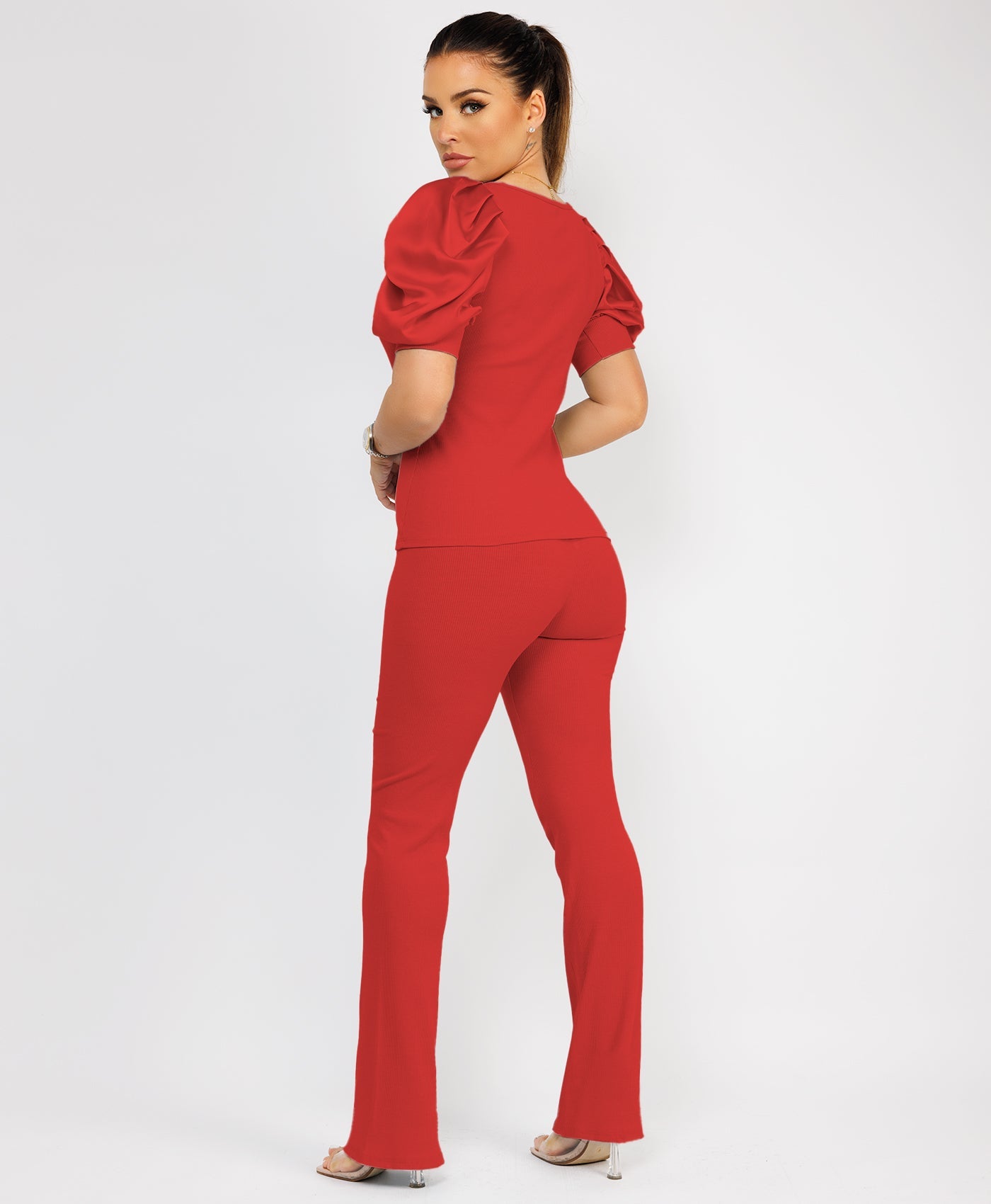 Satin-Puff-Sleeve-Ribbed-Set-Red-6
