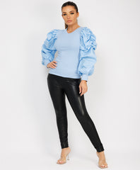 Sky Blue Ribbed Ruched Puff Sleeve Top