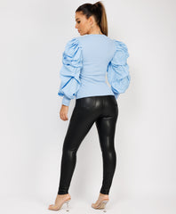Sky Blue Ribbed Ruched Puff Sleeve Top