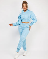 Sky Blue Ruched Sleeve Zipped Hoodie and Joggers Tracksuit