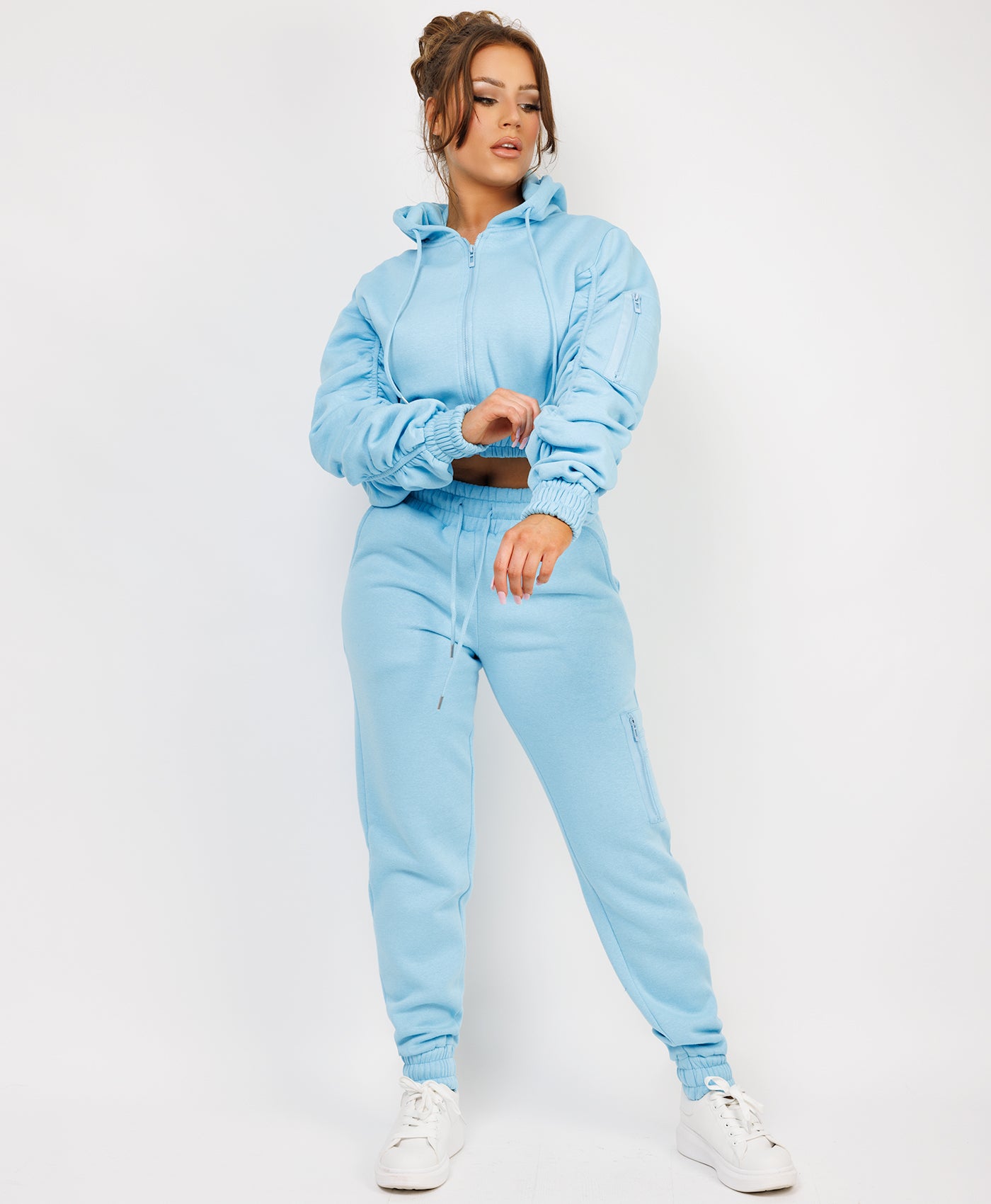 Sky Blue Ruched Sleeve Zipped Hoodie and Joggers Tracksuit