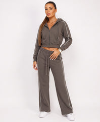 Slate Grey Piping Cropped Zip Hoodie Wide Leg Jogger Set