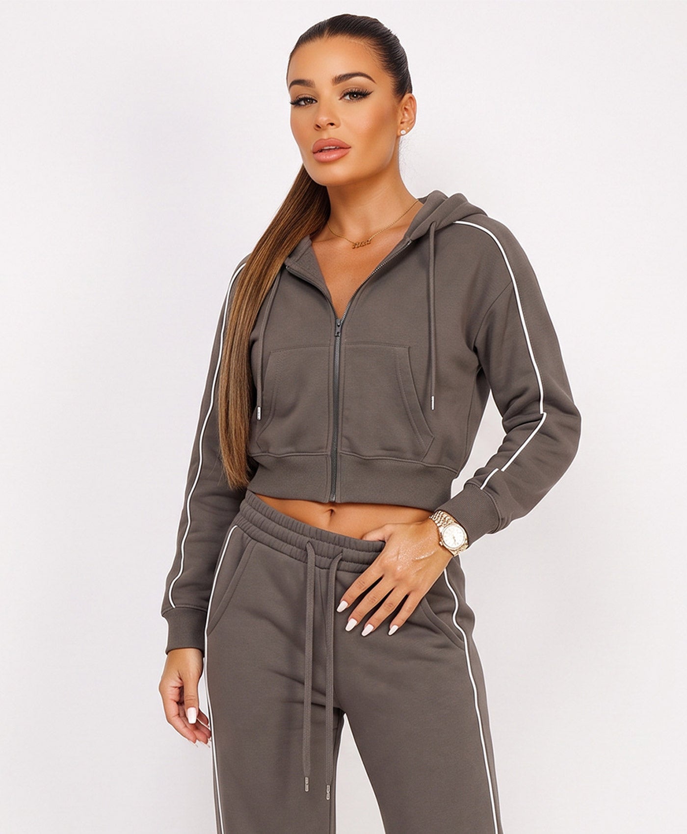 Slate Grey Piping Cropped Zip Hoodie Wide Leg Jogger Set