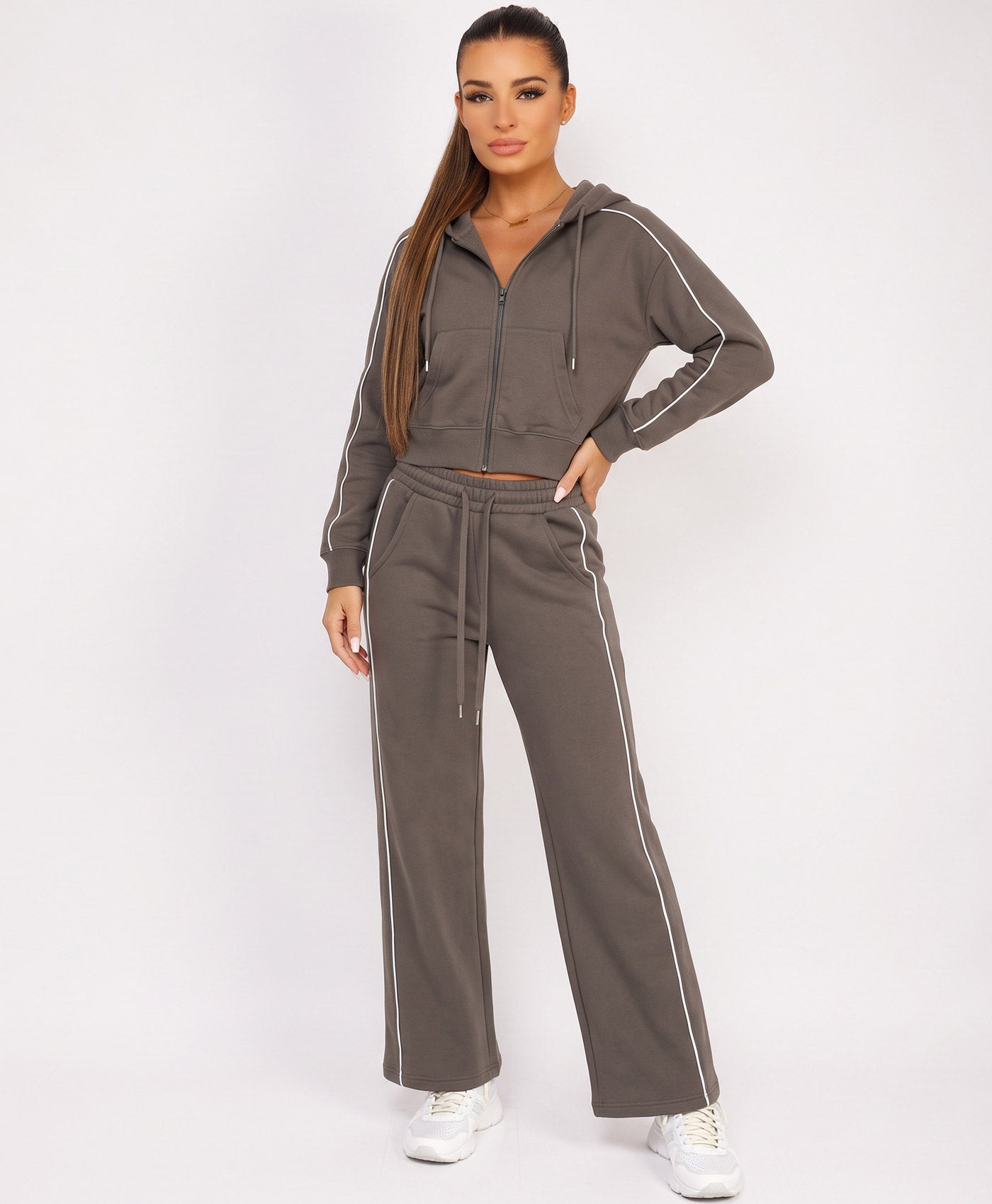 Slate Grey Piping Cropped Zip Hoodie Wide Leg Jogger Set