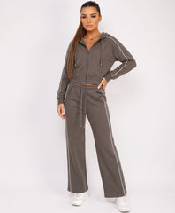 Slate Grey Piping Cropped Zip Hoodie Wide Leg Jogger Set