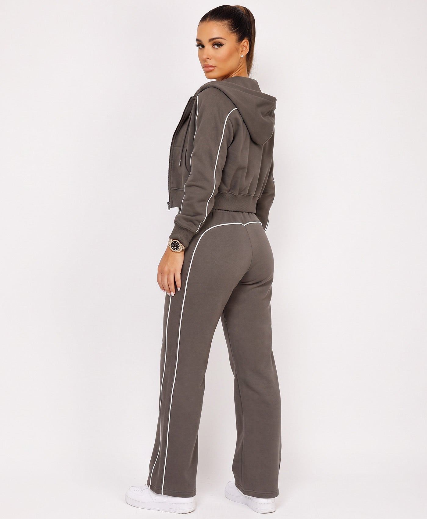 Slate Grey Piping Cropped Zip Hoodie Wide Leg Jogger Set