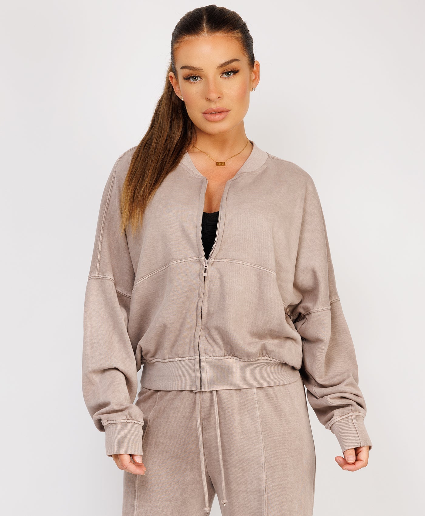 Lounge Sets Womens Leisure Wear Uk Taupe Stonewashed Zipped Bomber