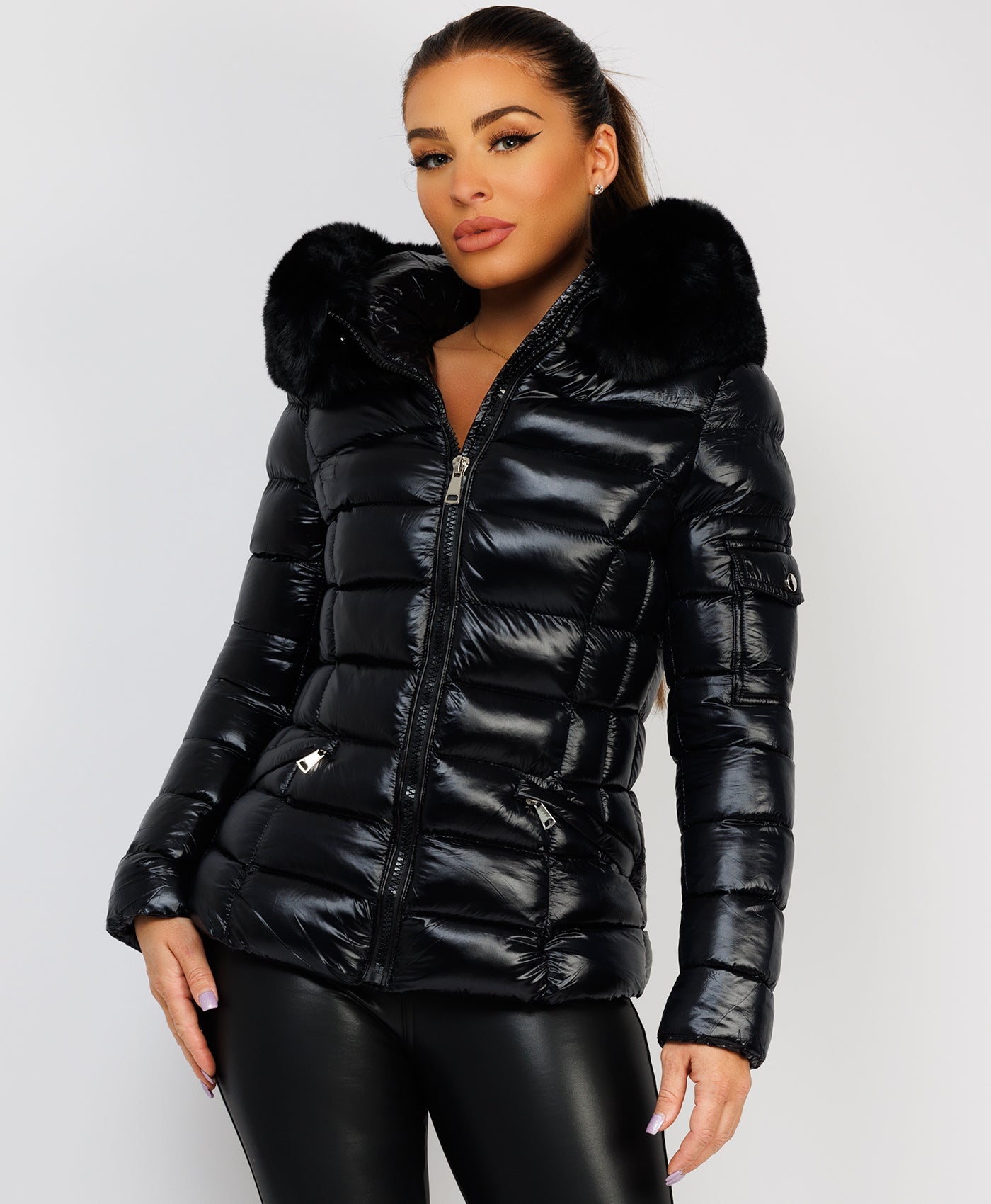 Black Wet Look Shiny Puffer Jacket with Faux Fur Hood – www