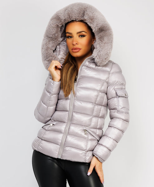 Look Puffer Wet Look Coat With Fur Grey Wet Look Shiny Puffer