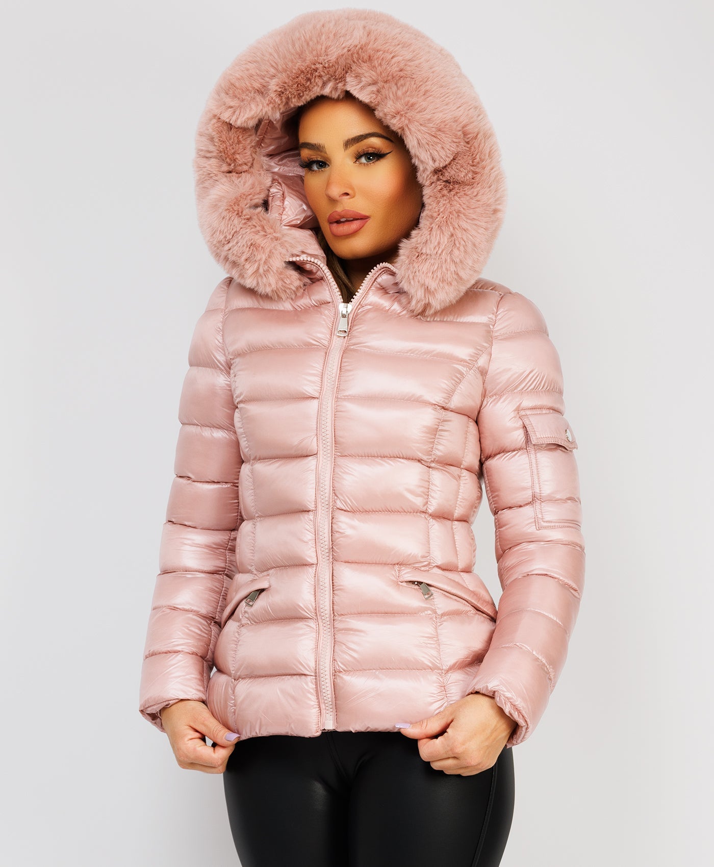 Pink Wet Look Shiny Puffer Jacket with Faux Fur Hood – lexifashionuk