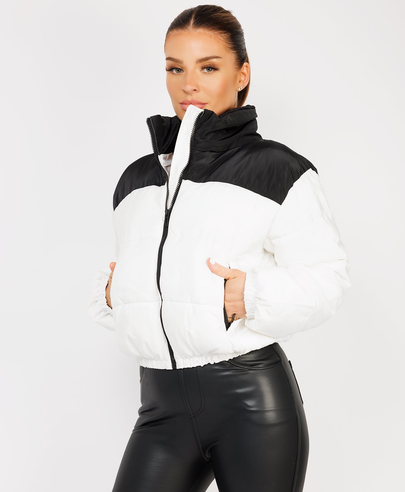 White Colour Block Cropped Puffer Bomber Jacket –