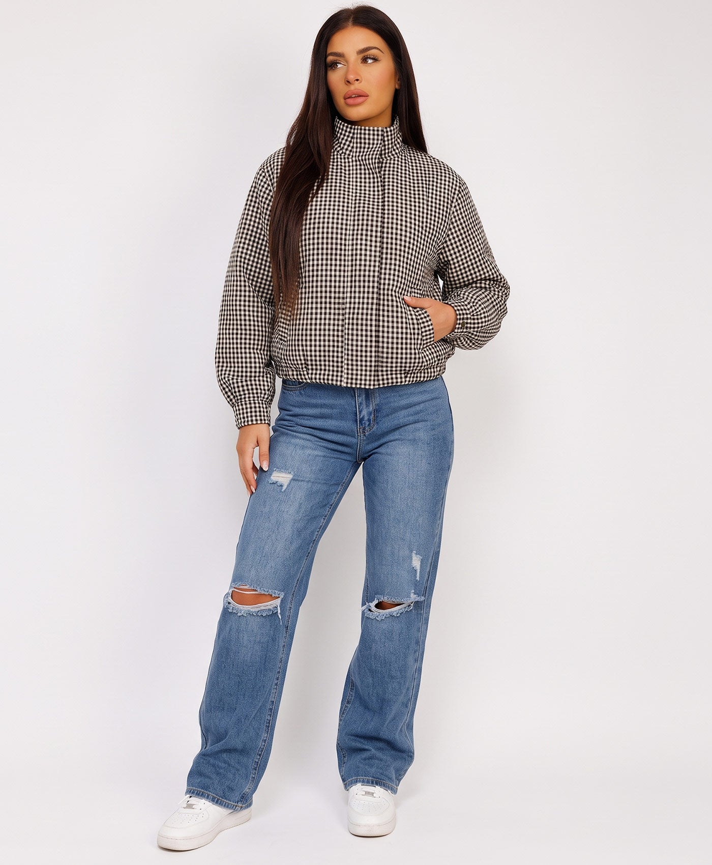 White Gingham Check Zip-Up Windbreaker Jacket