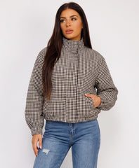 White Gingham Check Zip-Up Windbreaker Jacket