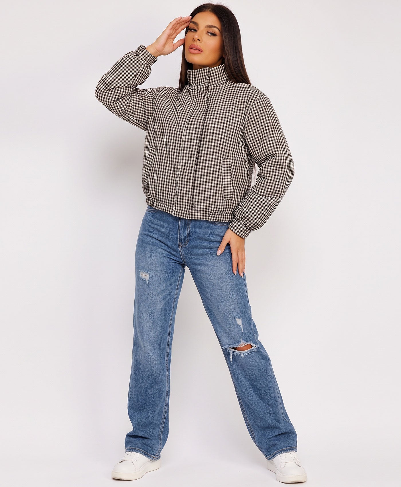White Gingham Check Zip-Up Windbreaker Jacket