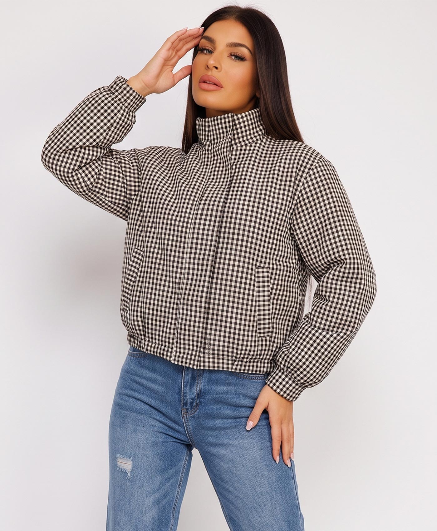 White Gingham Check Zip-Up Windbreaker Jacket